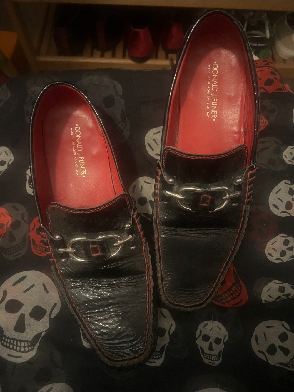 Donald J. Pliner Black Leather Loafers with Red Interior